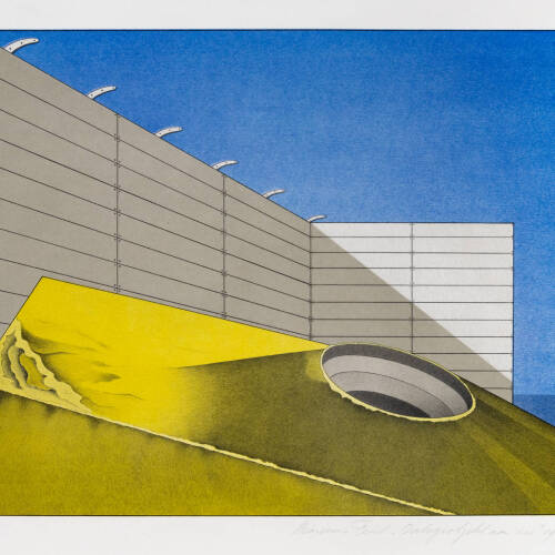 Abstract print with a white fence like shape with an unknown yellow shape against a bright blue background.